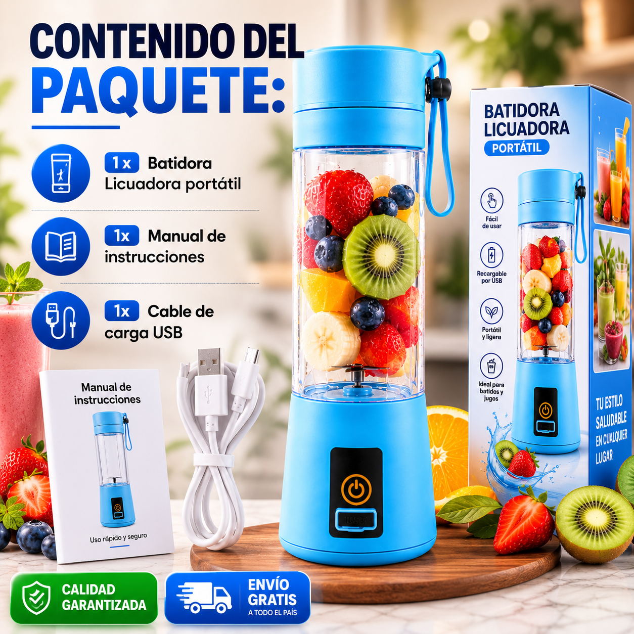 Licuadora Portátil Recargable USB | Prepara Batidos y Smoothies Frescos en Cualquier Lugar