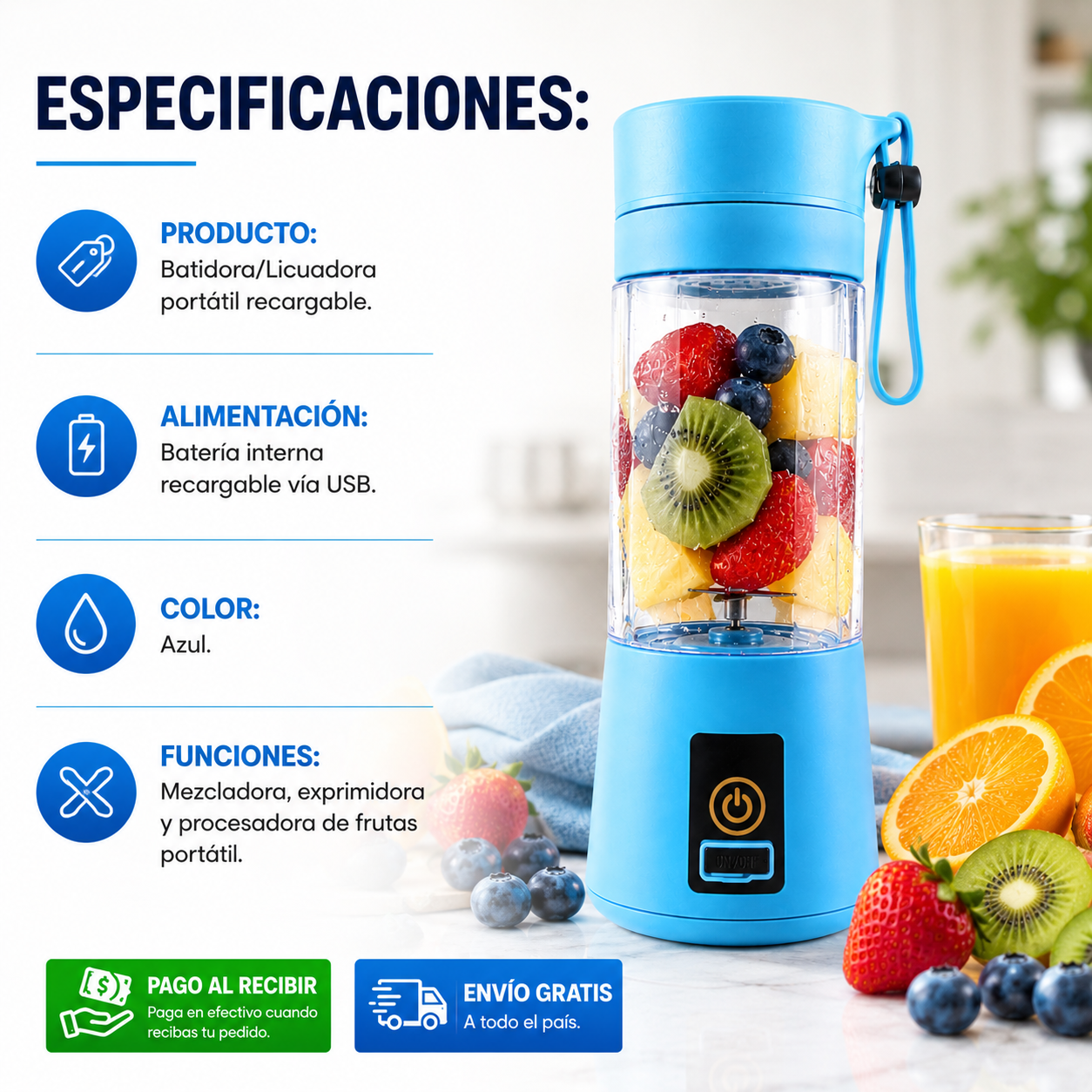 Licuadora Portátil Recargable USB | Prepara Batidos y Smoothies Frescos en Cualquier Lugar