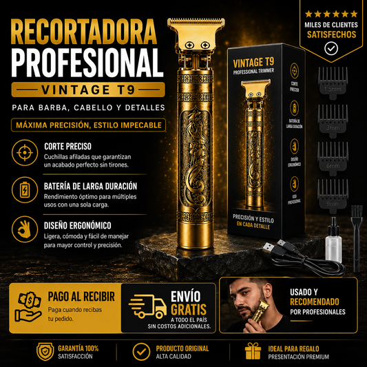 Maquinilla Cortapelo Vintage T9 Profesional | Recargable, Precisión Extrema para Barba y Cabello