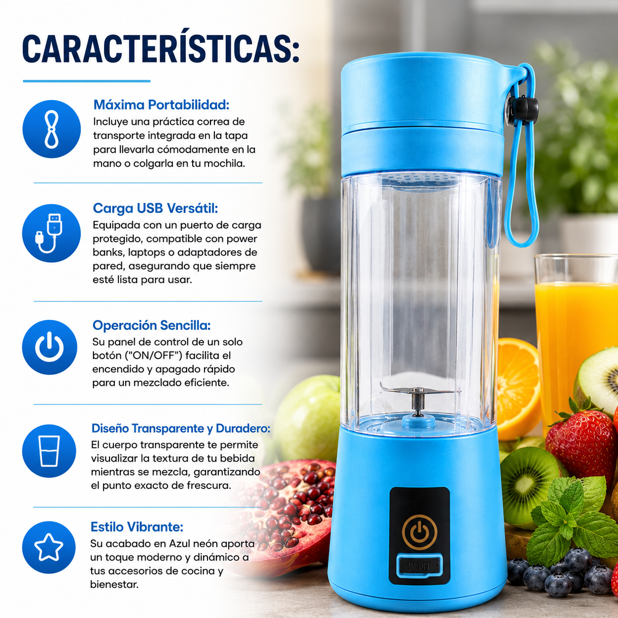 Licuadora Portátil Recargable USB | Prepara Batidos y Smoothies Frescos en Cualquier Lugar