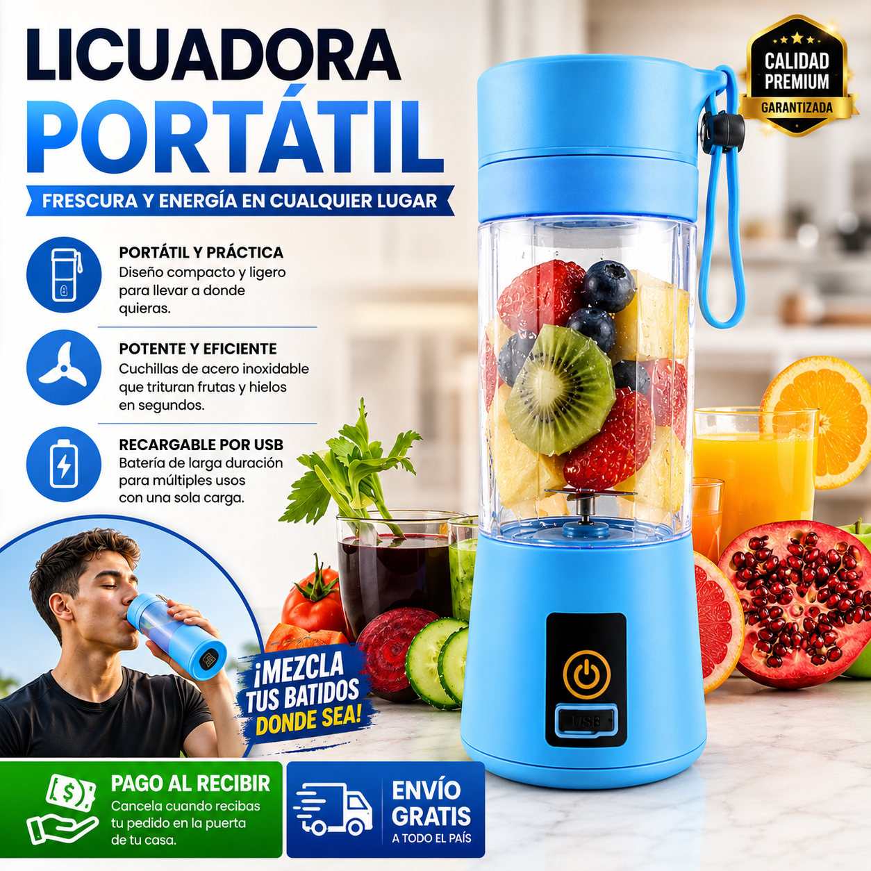 Licuadora Portátil Recargable USB | Prepara Batidos y Smoothies Frescos en Cualquier Lugar